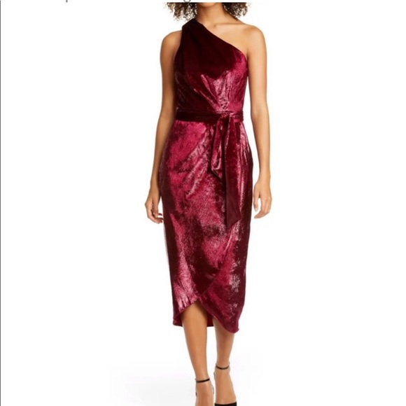 Ted Baker London Dresses & Skirts - Ted Baker London Dress Abinaa One Shoulder Drape Midi Velvet Sheen Red Size 4-6